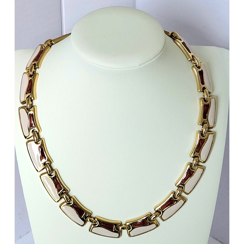 Chic Pink & Red Enamel & Gold Link Statement Necklace
